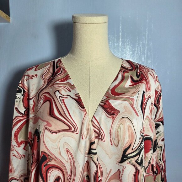 Vince Camuto 2X Pinky Red Black Swirls V Neck Longsleeve Ruffled Dressy Blouse - Picture 2 of 10